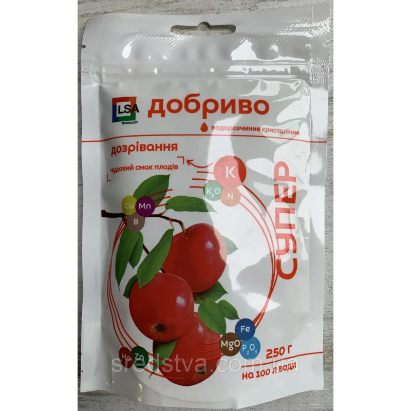 Супер Добриво 250г/100л Дозрівання, водорозчинне кристалічне, чудовий смак плодів, Сімейний Сад