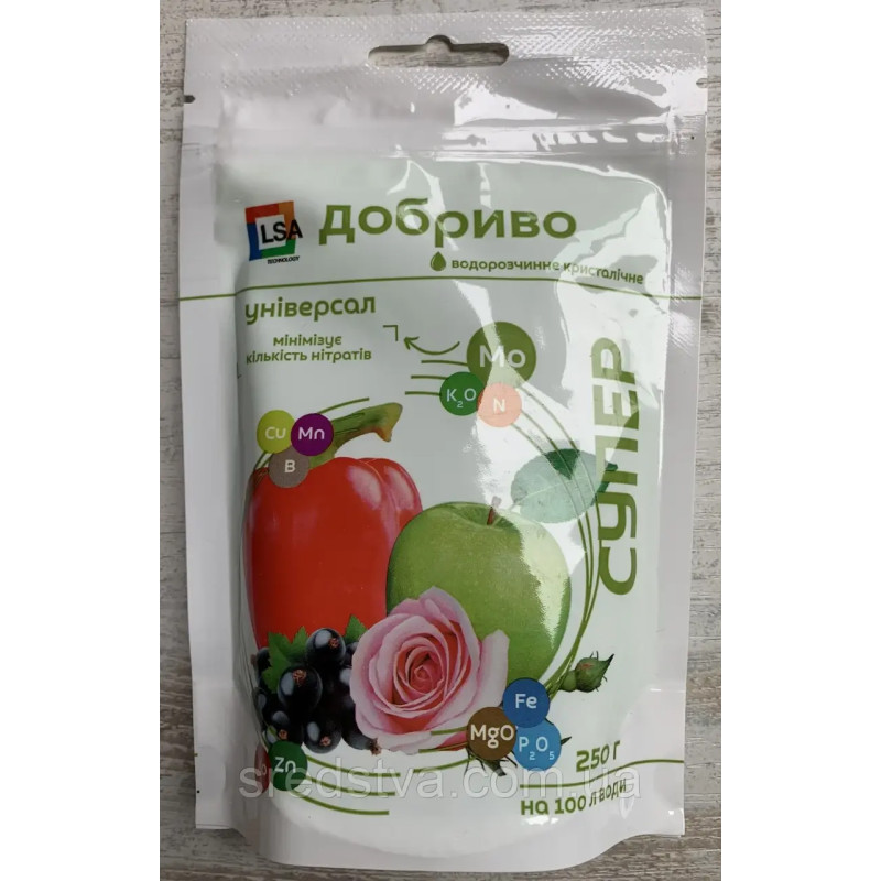 Супер Добриво 250г/100л Універсал, водорозчинне кристалічне, мінімізує кількість нітратів, Сімейний Сад