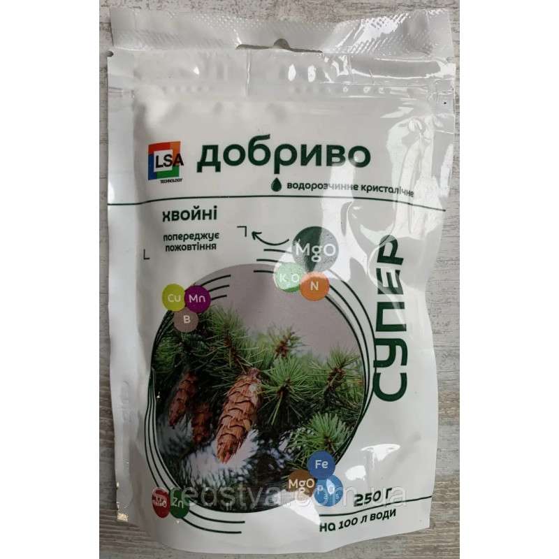 Супер Добриво 250г/100л Хвойні, водорозчинне кристалічне, попереджує пожовтіння, Сімейний Сад
